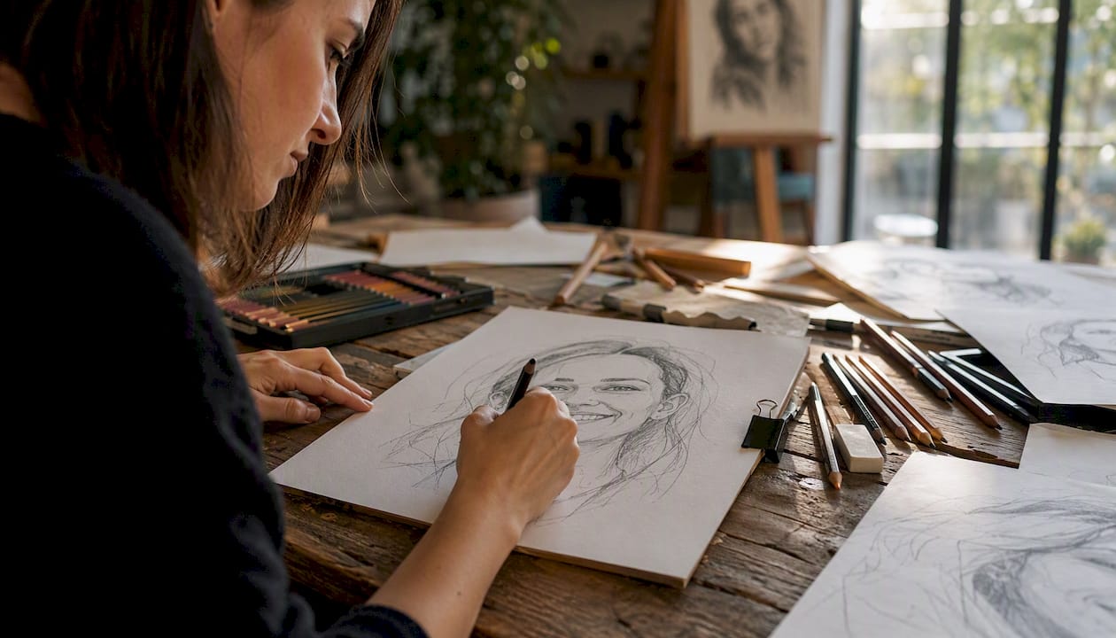 Mit Bleistift fertige ich eine Karikatur direkt am Arbeitstisch im Atelier an.
