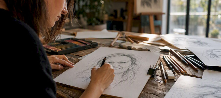 Mit Bleistift fertige ich eine Karikatur direkt am Arbeitstisch im Atelier an.