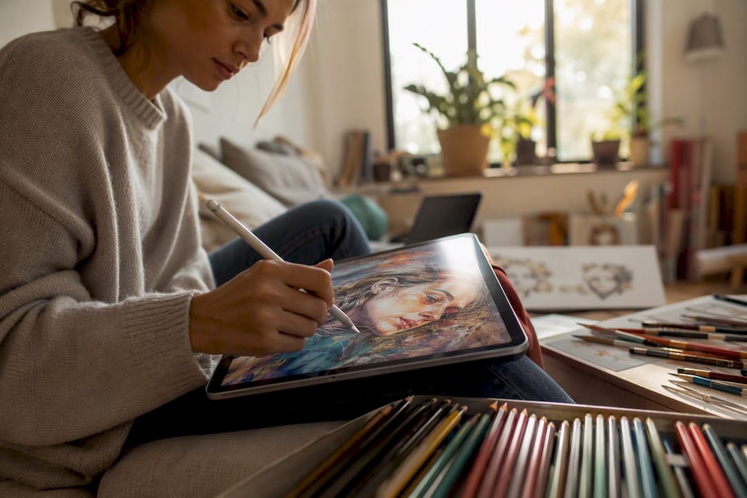 Ein digitales Portrait entsteht Schritt für Schritt per Hand auf dem Grafiktablet.