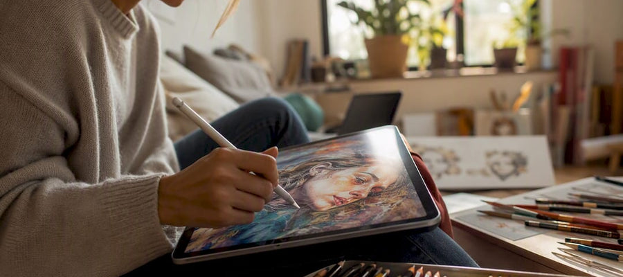 Ein digitales Portrait entsteht Schritt für Schritt per Hand auf dem Grafiktablet.