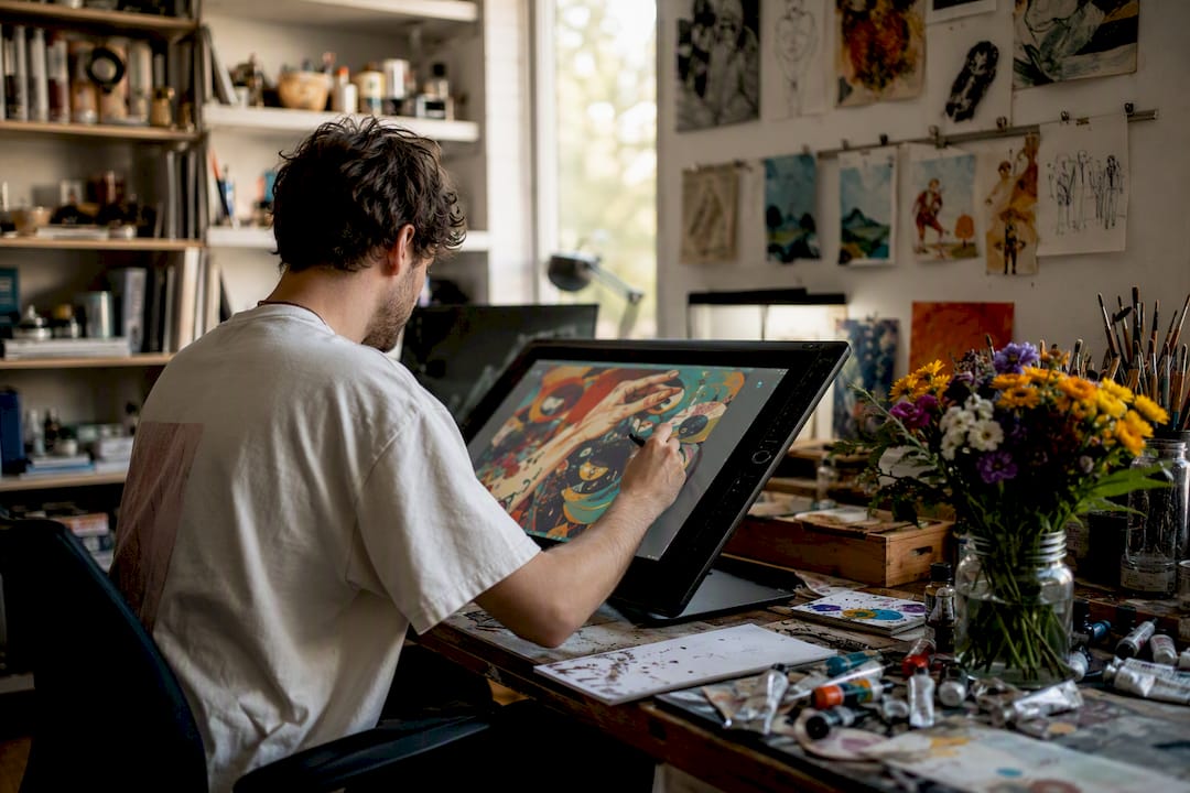 Hände zeichnen bunte, kreative Illustrationen auf einem Tablet