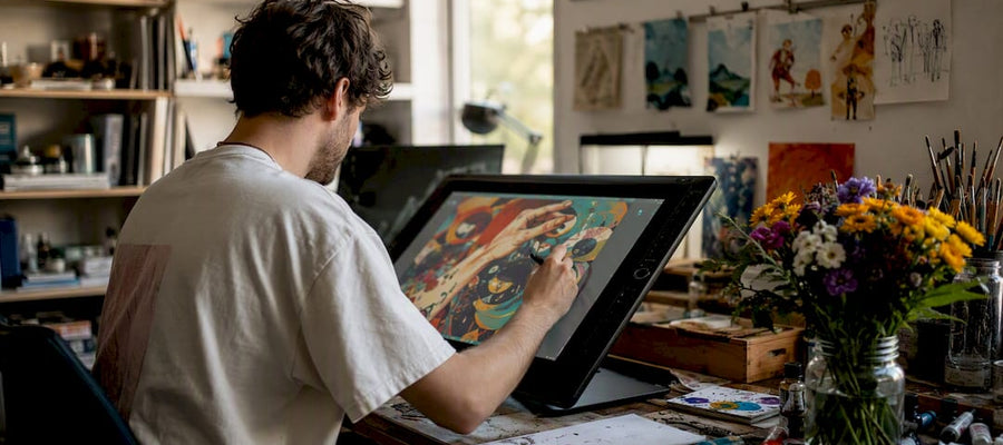 Hände zeichnen bunte, kreative Illustrationen auf einem Tablet