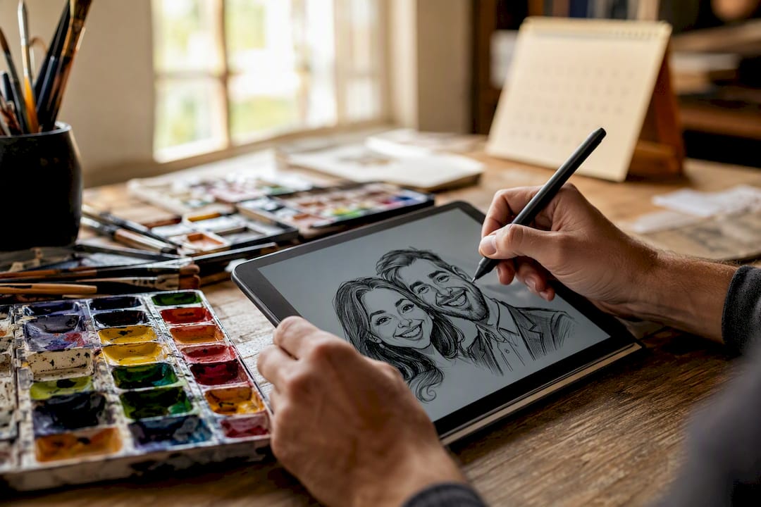 Künstler zeichnet Karikatur eines Paares auf dem Tablet