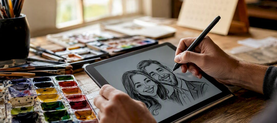 Künstler zeichnet Karikatur eines Paares auf dem Tablet