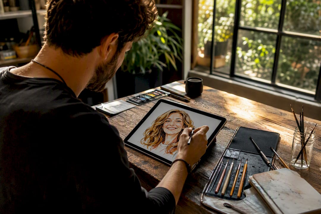 Künstler zeichnet eine Karikatur der Mutter auf dem Tablet