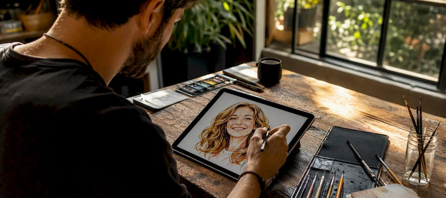 Künstler zeichnet eine Karikatur der Mutter auf dem Tablet
