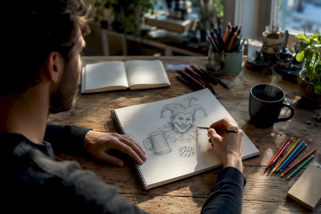 Künstler zeichnet Karikatur mit Hobbysymbolen