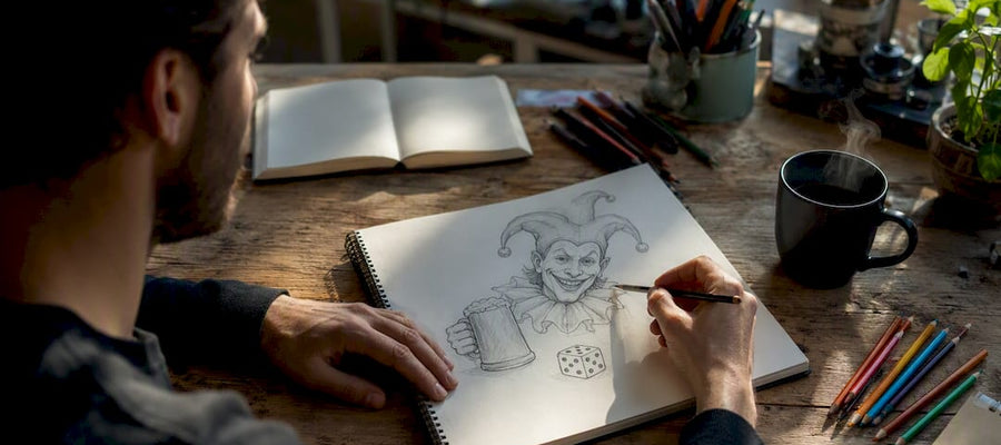 Künstler zeichnet Karikatur mit Hobbysymbolen