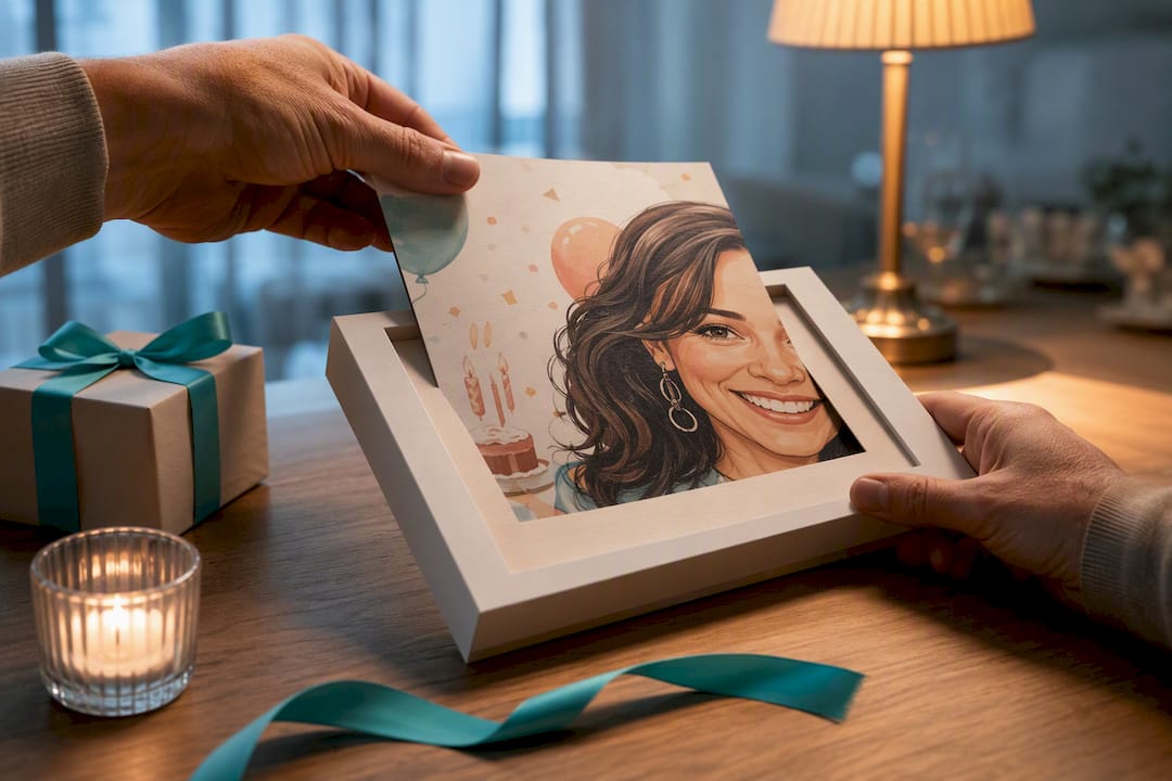 Halb angeschnittene Karikatur als Geburtstagsgeschenk