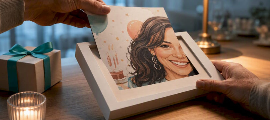 Halb angeschnittene Karikatur als Geburtstagsgeschenk