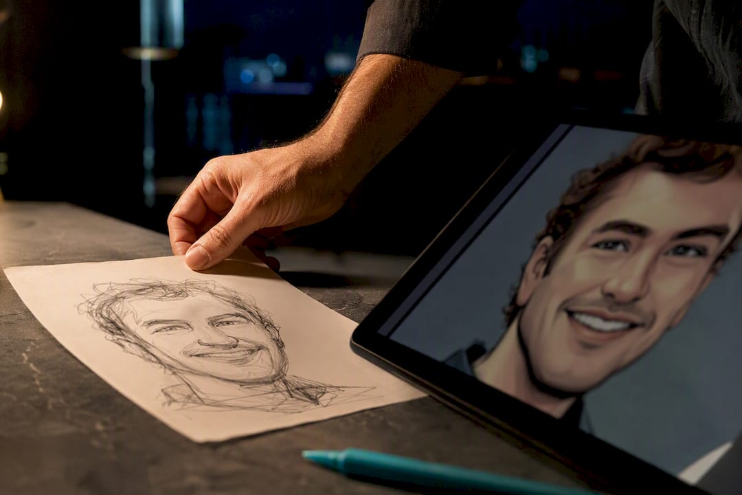 Künstler betrachtet digitale Karikatur und Gesichtsskizze
