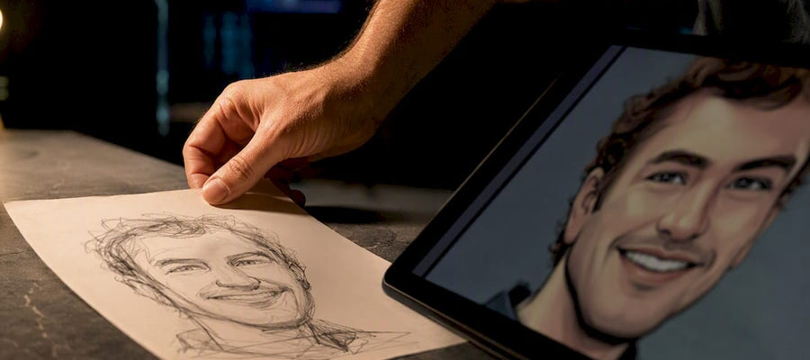 Künstler betrachtet digitale Karikatur und Gesichtsskizze