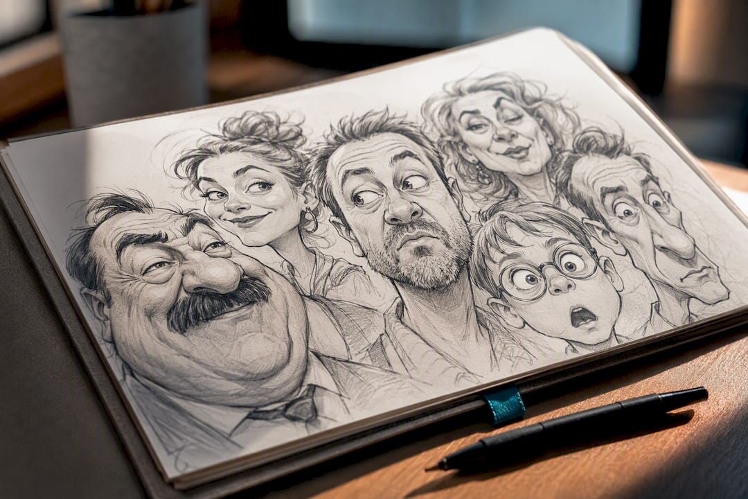 Teilweise sichtbarer Ausschnitt einer Karikatur mit sechs Figuren