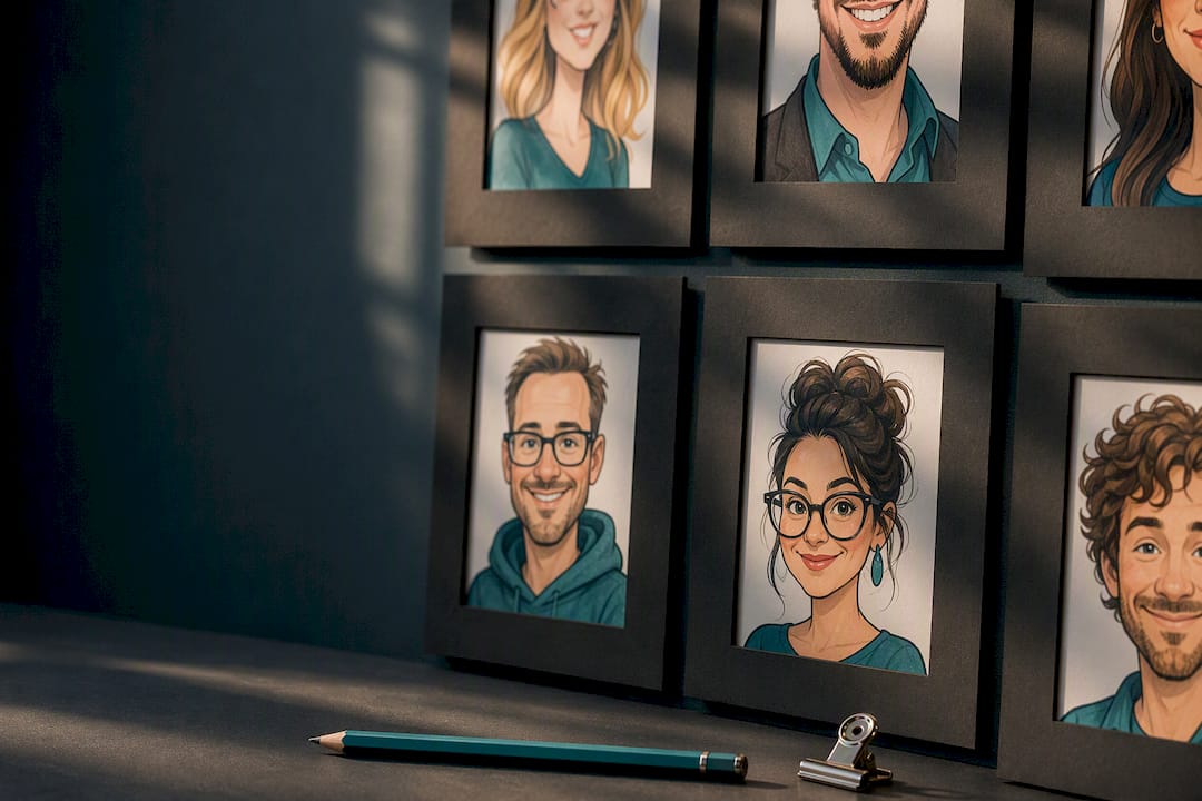 Nahaufnahme von Team-Karikaturdetails im Atelier